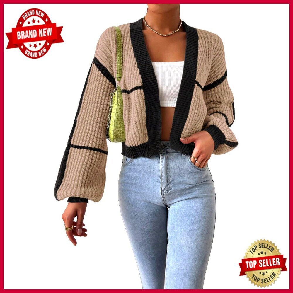 Soft Acrylic Crop Cardigan, Bishop Sleeve, Open Front, Casual Sweater